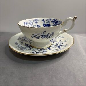 Coalport Cairo Blue White Peacock Teacup & Saucer English Bone China